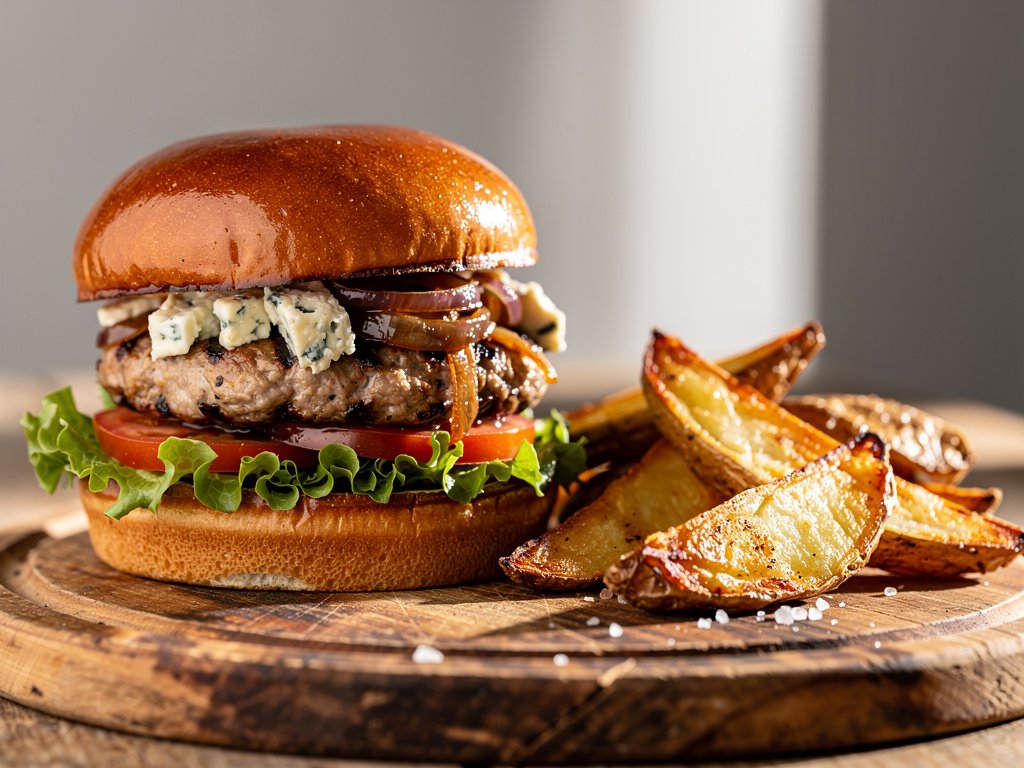 Blue Cheese Turkey Burgers with Caramelized Onion and Potato Wedges