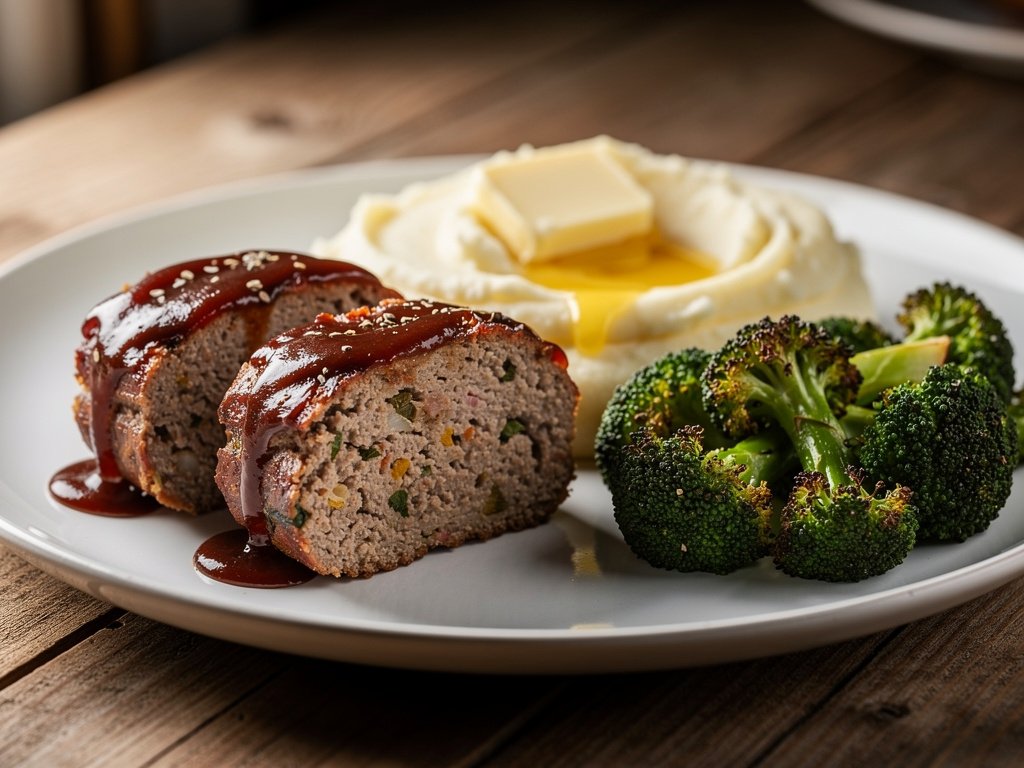 Brown Sugar Bourbon Glazed Pork Meatloaves with Mashed Potatoes and Roasted Broccoli
