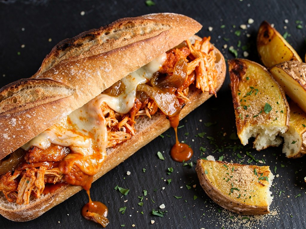 Buffalo Chicken Cheesesteak Sandwiches with Blue Cheese Dressing and Roasted Potato Wedges