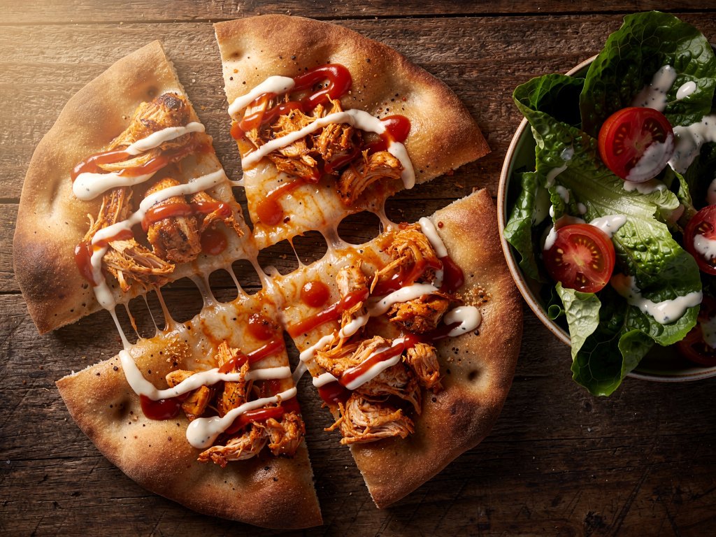 Buffalo Chicken Flatbread with Blue Cheese Drizzle and Ranch Salad