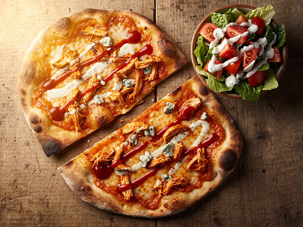 Buffalo Chicken Flatbreads with Blue Cheese Drizzle and Ranch Salad