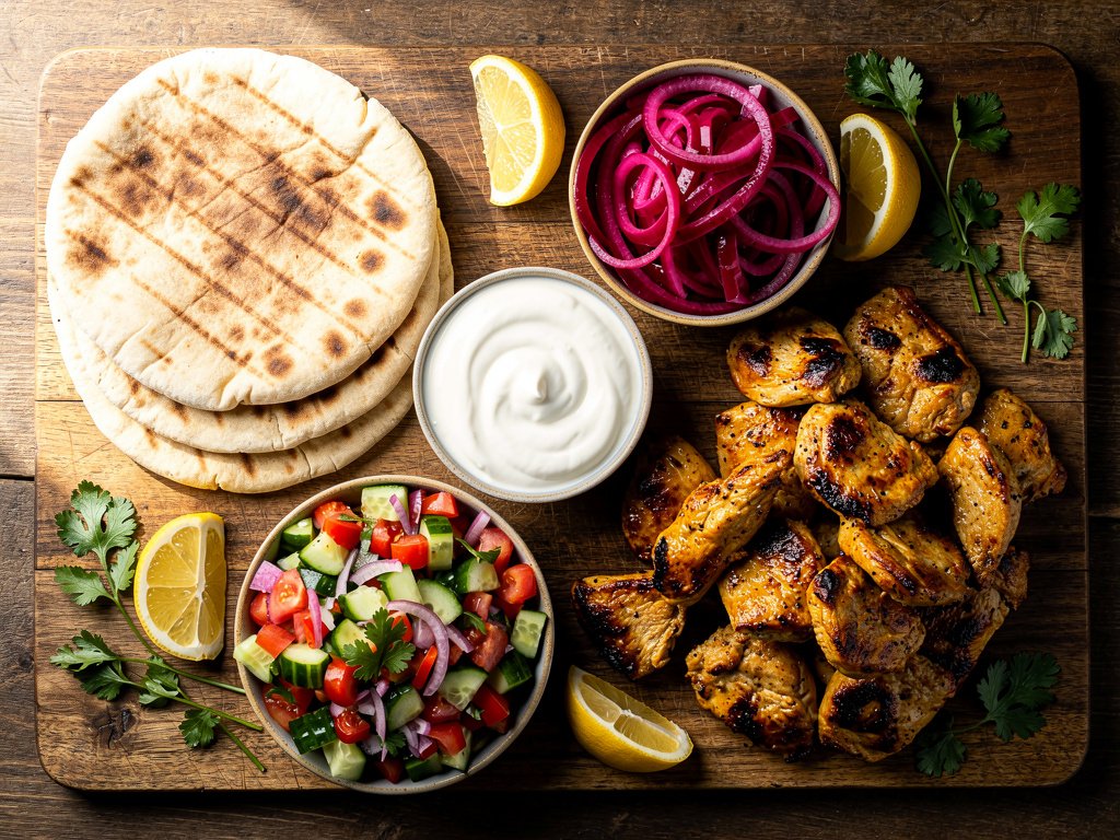 Build-Your-Own Chicken Shawarma Pita Bar with Tangy Sauce and Pickled Onions