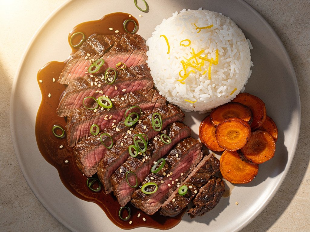 Bulgogi Bavette Steak with Roasted Carrots and Lemony Rice