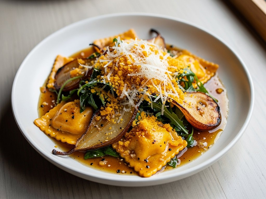 Butternut Squash Agnolotti with Brown Butter, Caramelized Pear, and Arugula