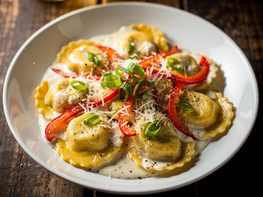 Butternut Squash Agnolotti with Garlic Cream Sauce and Roasted Bell Pepper
