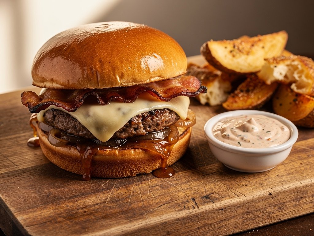 Cajun Beef Burgers with White Cheddar, Bacon, and Spicy Rémoulade
