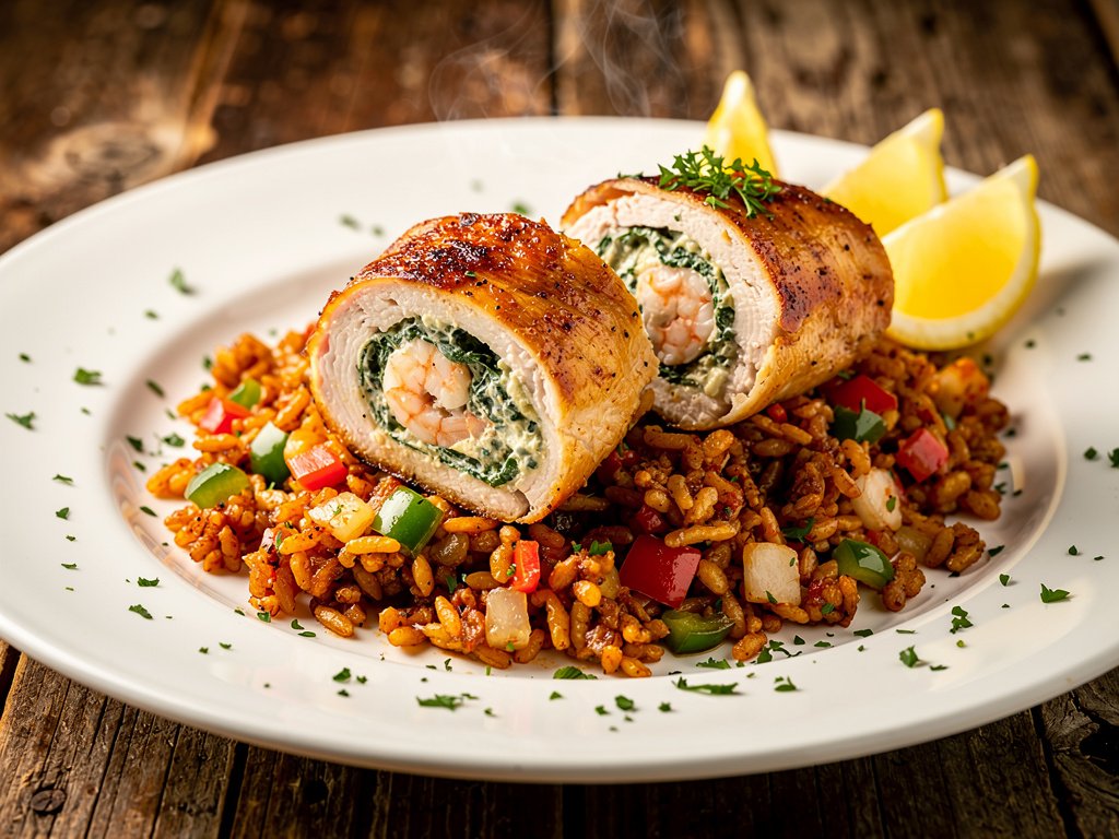 Cajun Blackened Chicken Stuffed with Shrimp and Spinach over Dirty Rice