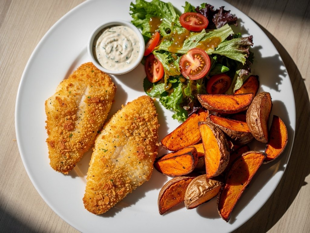 Cajun-Style Crispy Fried Tilapia with Remoulade, Paprika Potatoes & Mixed Greens