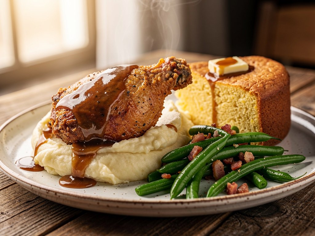Cajun Fried Chicken Thighs with Creamy Gravy and Southern Sides