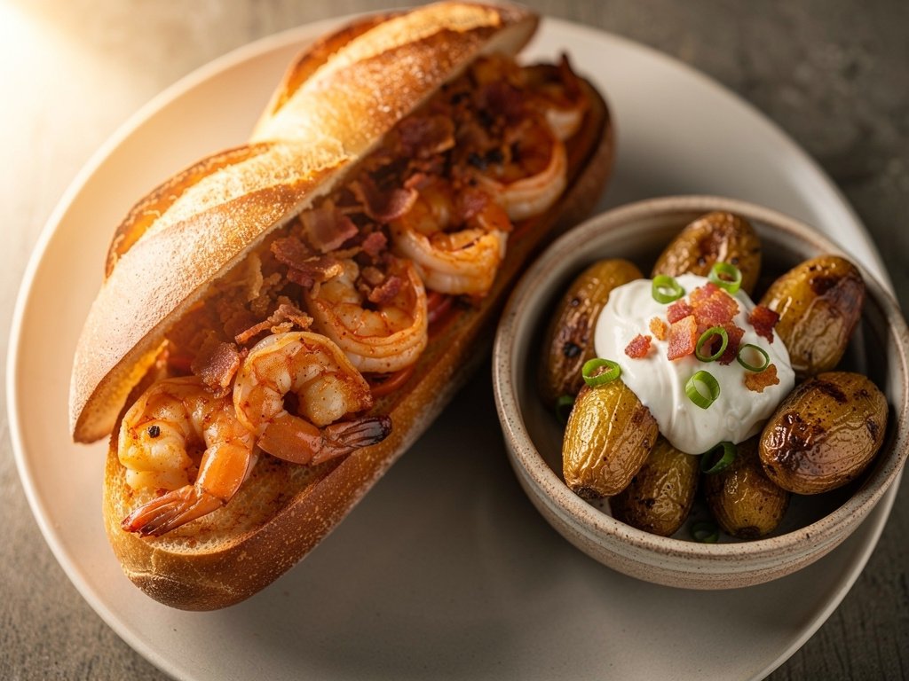 Cajun Garlic Shrimp and Bacon Sandwiches with Loaded Fingerling Potatoes