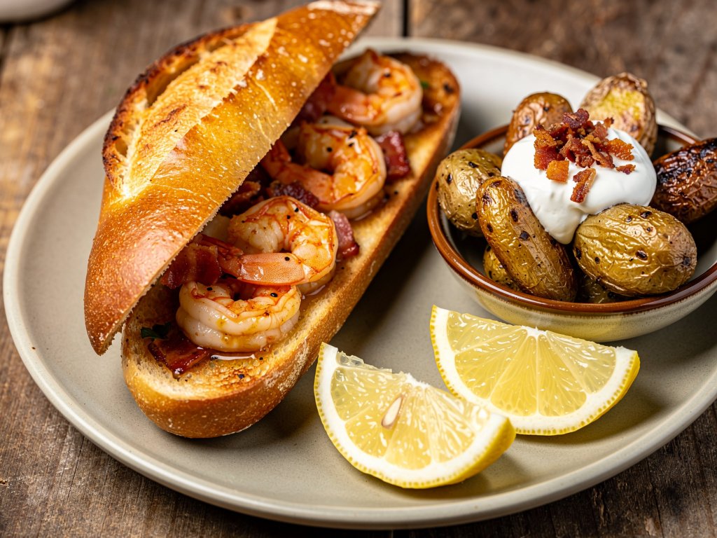 Cajun Garlic Shrimp and Bacon Sandwiches with Loaded Fingerling Potatoes