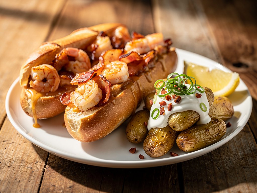 Cajun Garlic Shrimp and Bacon Sandwiches with Loaded Fingerling Potatoes