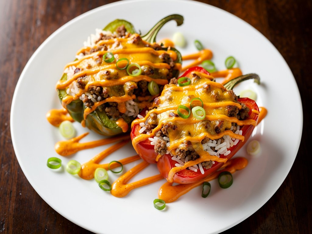Cajun Pork Sausage Stuffed Peppers with Pepper Jack and Hot Sauce Crema