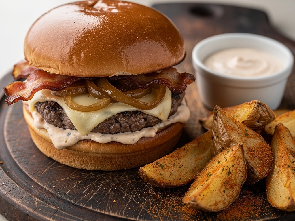 Cajun-Spiced Beef Burgers with White Cheddar, Bacon, and Caramelized Onions