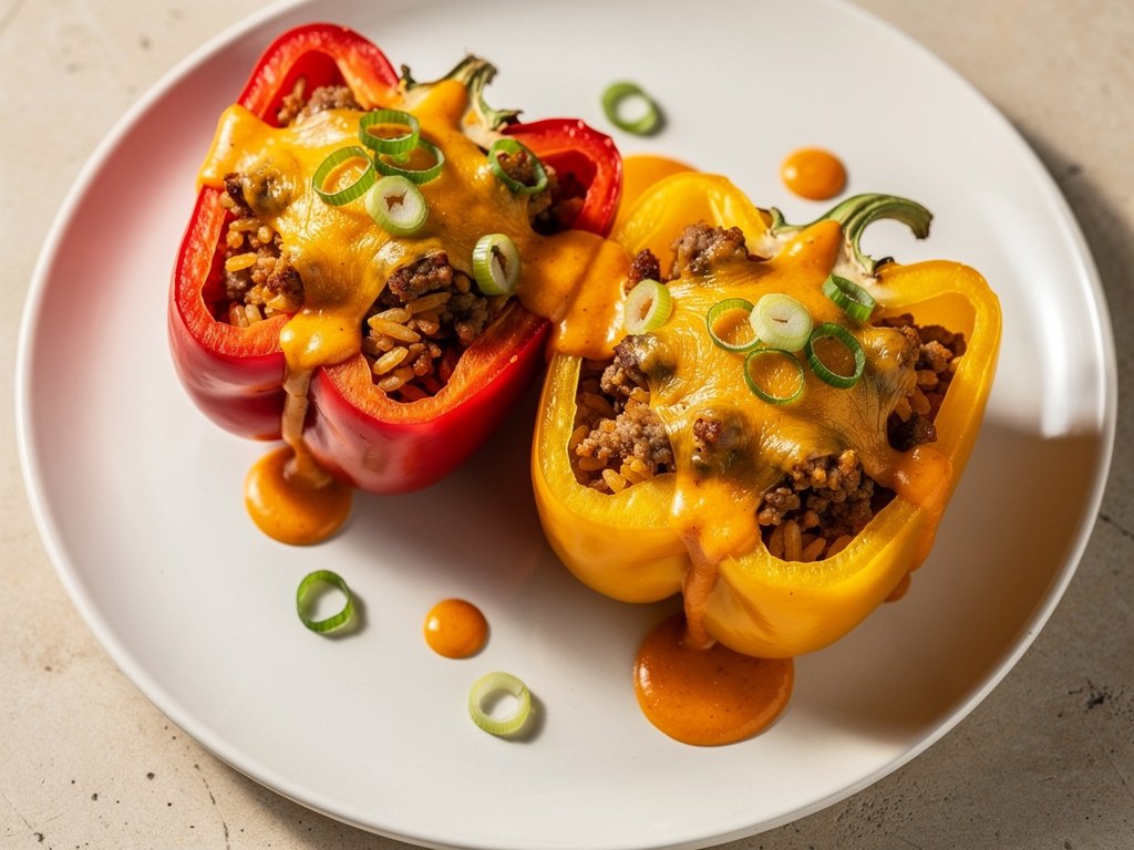 Cajun-Spiced Sausage Stuffed Bell Peppers with Pepper Jack and Hot Sauce Crema