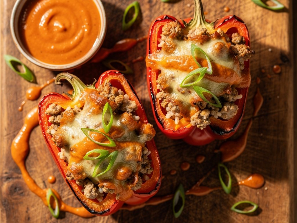 Cajun Turkey Stuffed Peppers with Pepper Jack and Hot Sauce Crema