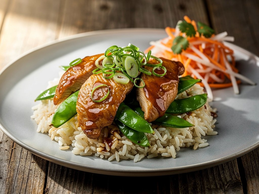 Caramel Ginger Chicken with Snap Peas and Jasmine Rice