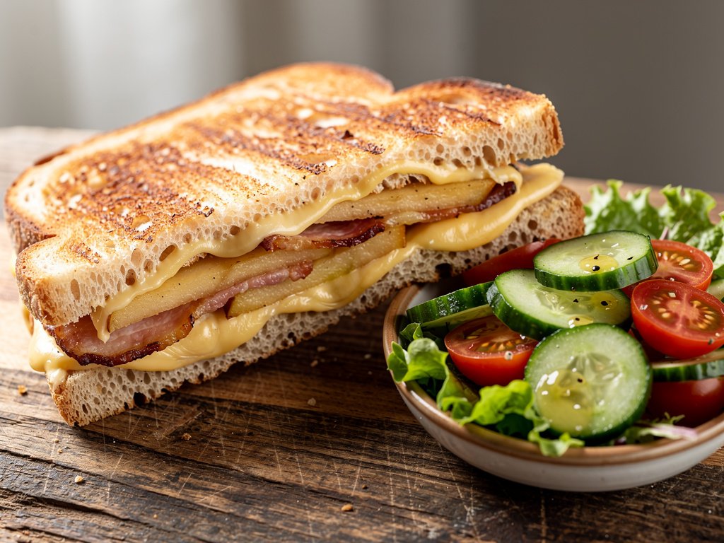 Caramelized Apple, Bacon & Gouda Sandwiches with Cucumber Tomato Salad