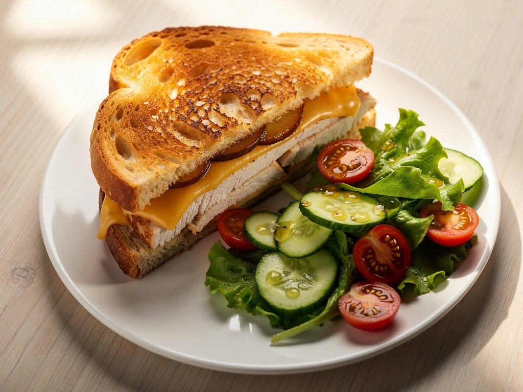 Caramelized Apple and Gouda Chicken Sandwiches with Cucumber Tomato Salad