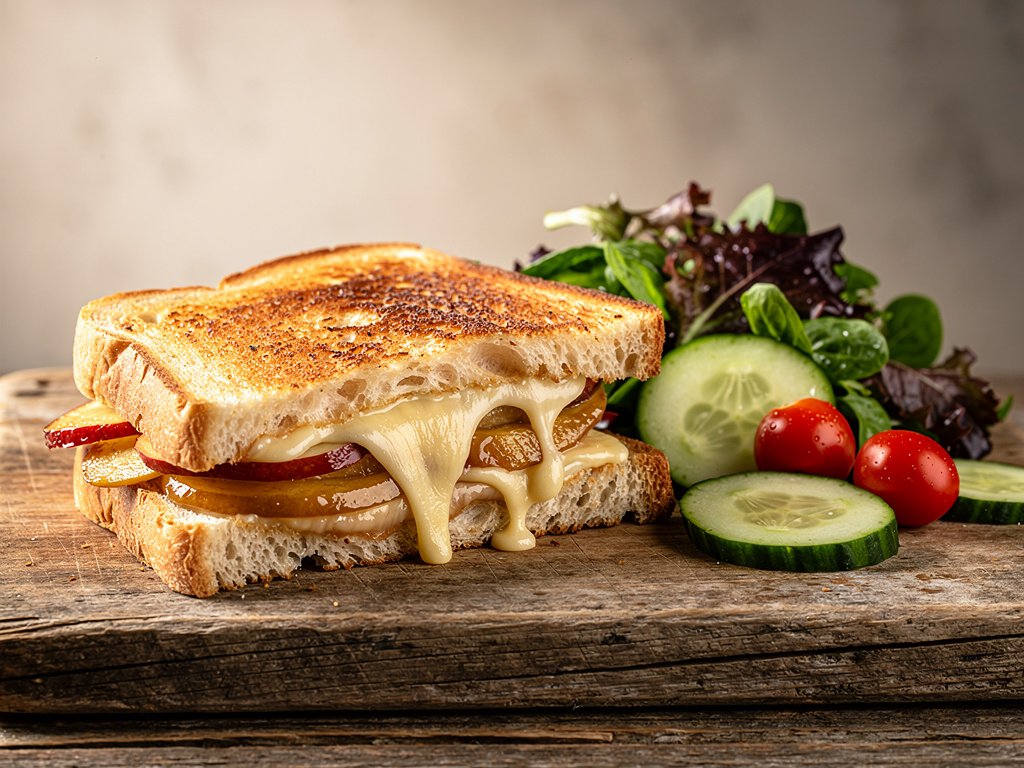 Caramelized Apple and Gouda Sandwiches with Fig Mustard and Fresh Side Salad