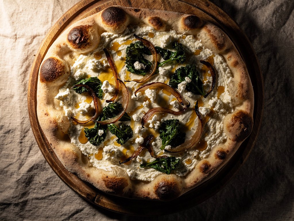 Caramelized Onion and Kale White Pizza with Hot Honey