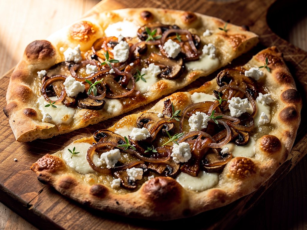 Caramelized Onion and Mushroom Flatbreads with Roasted Garlic Spread and Fresh Thyme