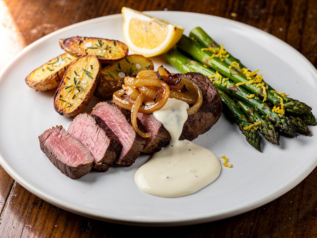 Caramelized Onion Sirloin Steak with Rosemary Potatoes and Lemon Asparagus