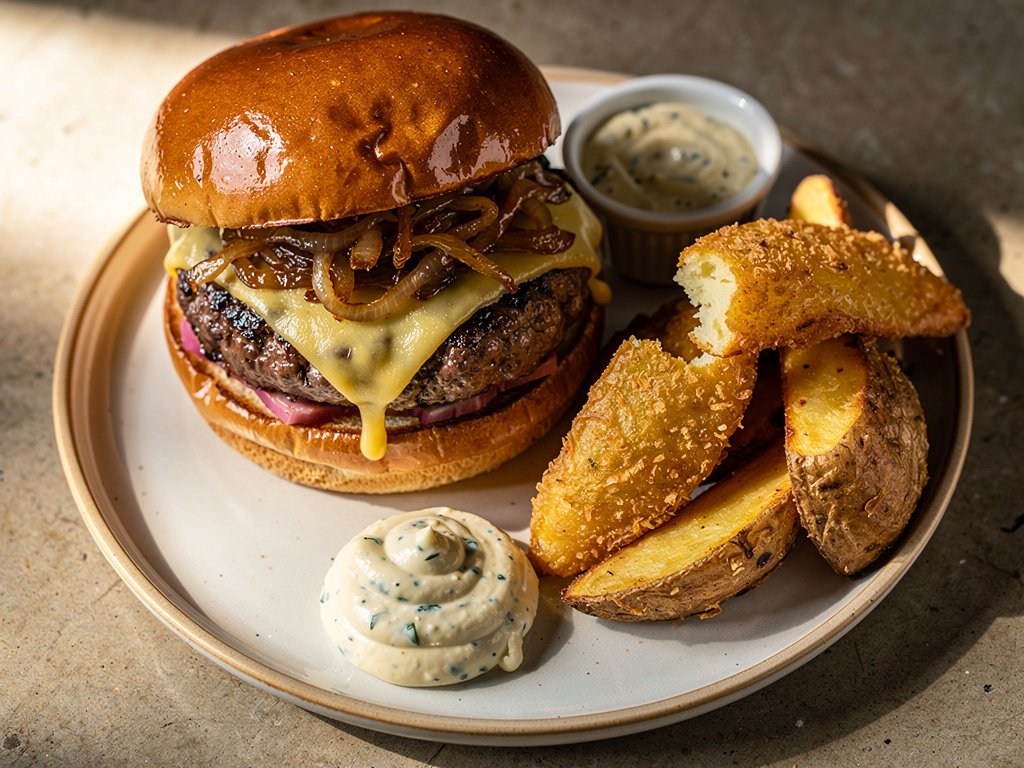 Caramelized Onion Swiss Burger with Roasted Garlic Horseradish Aioli and Potato Wedges