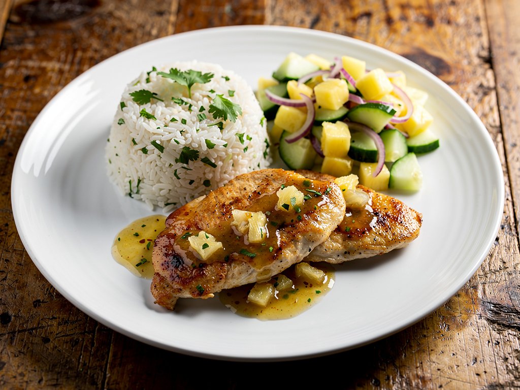 Caribbean Chicken with Pineapple Mojo Sauce and Cilantro Rice