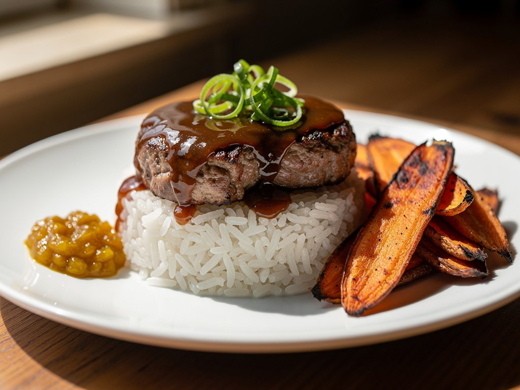 Caribbean Pork Patties with Coconut Rice and Mango Chutney