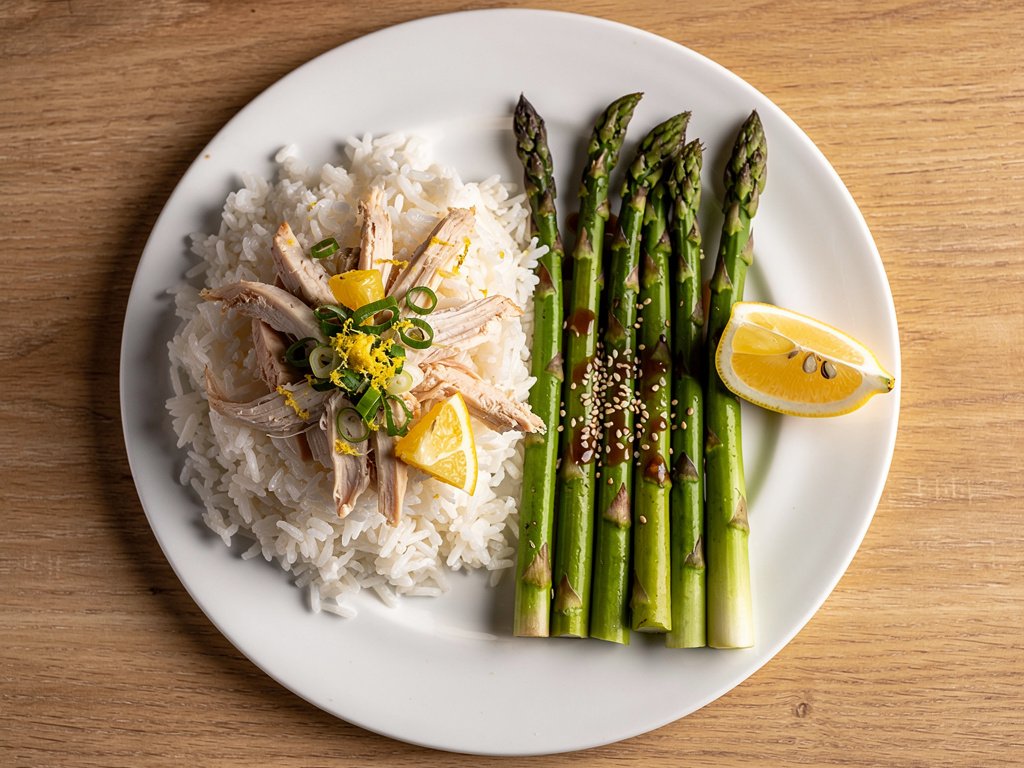 Chamorro Chicken Kelaguen with Coconut Rice and Sesame Ginger Asparagus