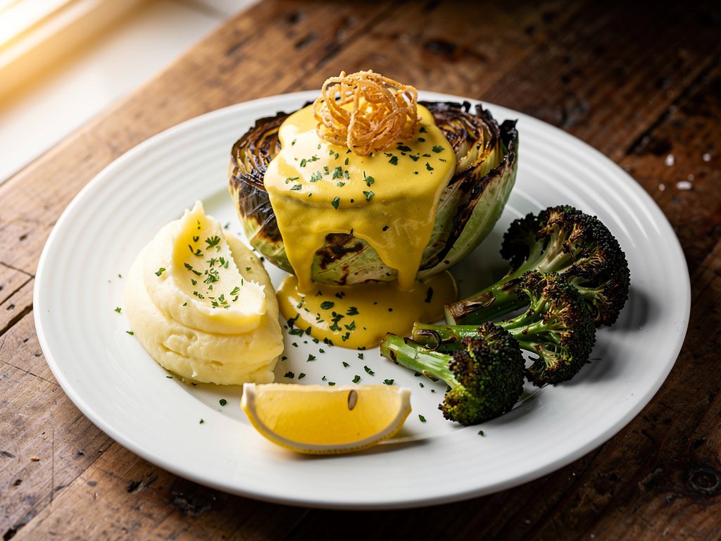 Charred Conehead Cabbage with Creamy Fonduta and Mashed Potatoes