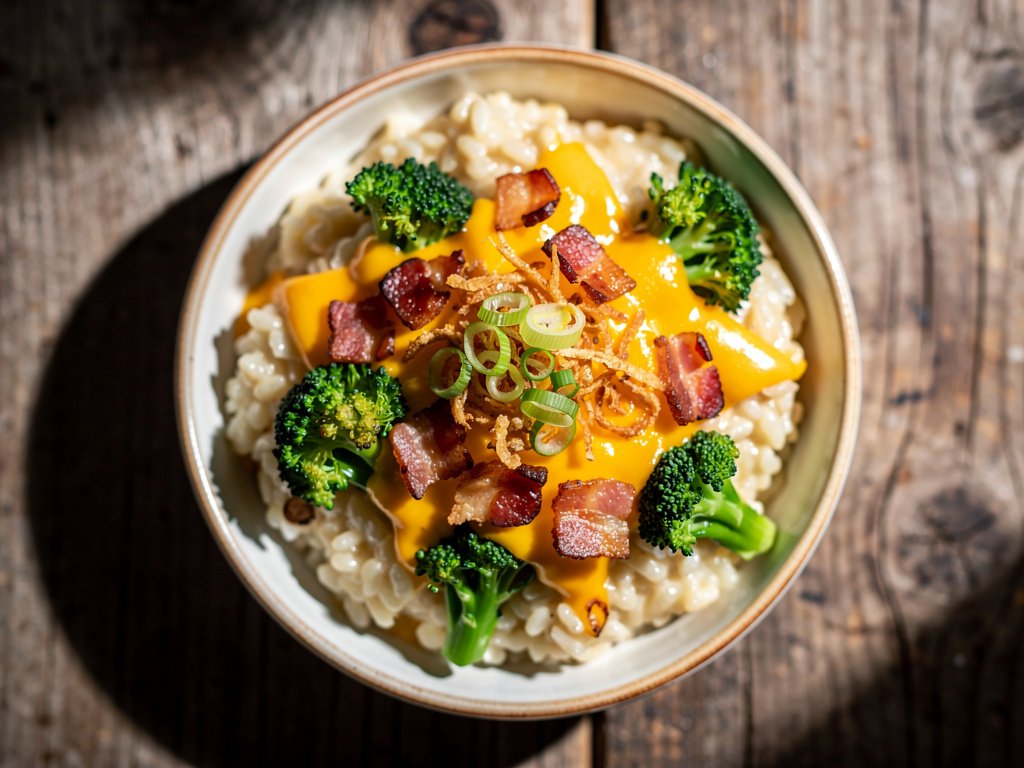 Cheddar Broccoli and Bacon Risotto with Crispy Onions