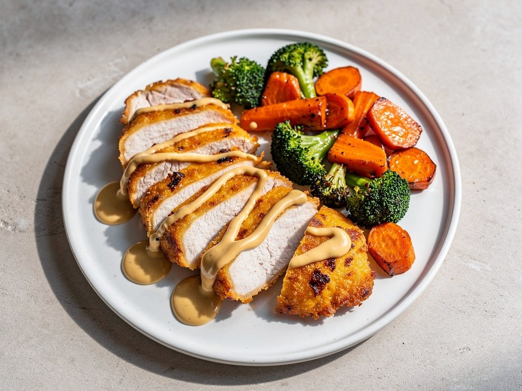 Cheddar-Crusted Chicken with Honey-Roasted Carrots and Broccoli