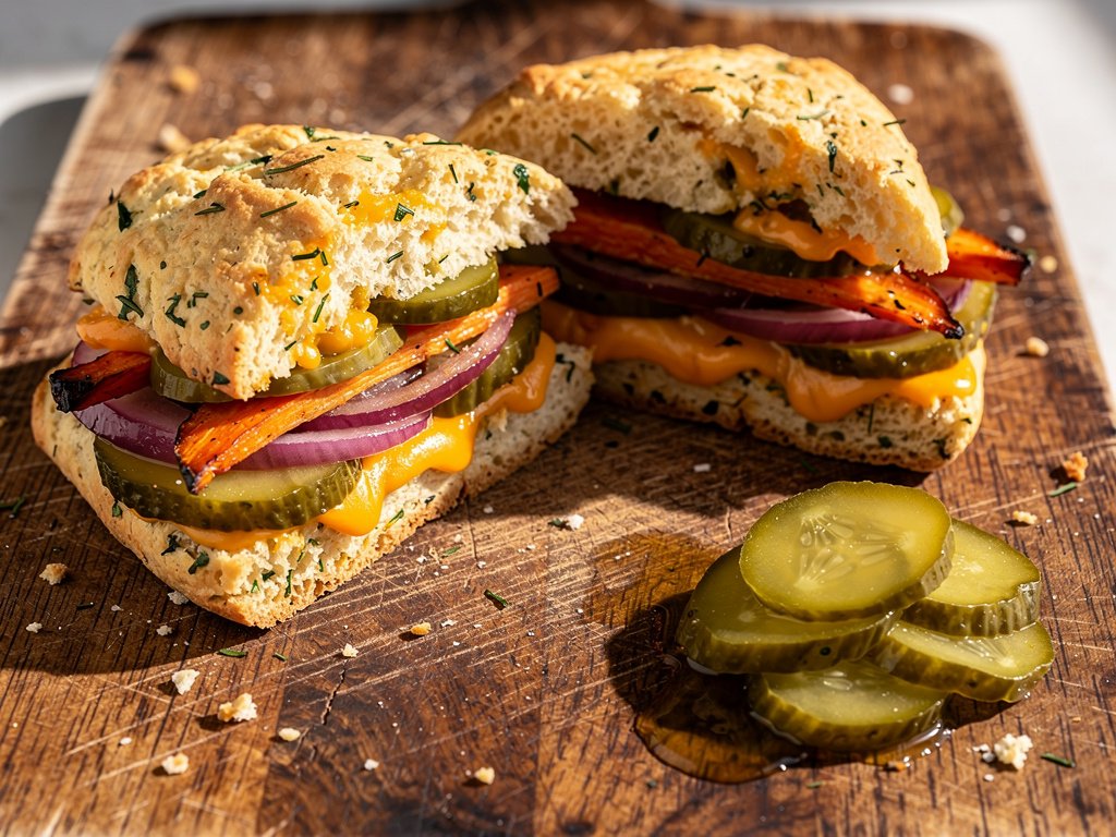 Flaky Cheddar-Dill Scone Sandwiches with Roasted Vegetables and Quick Pickles