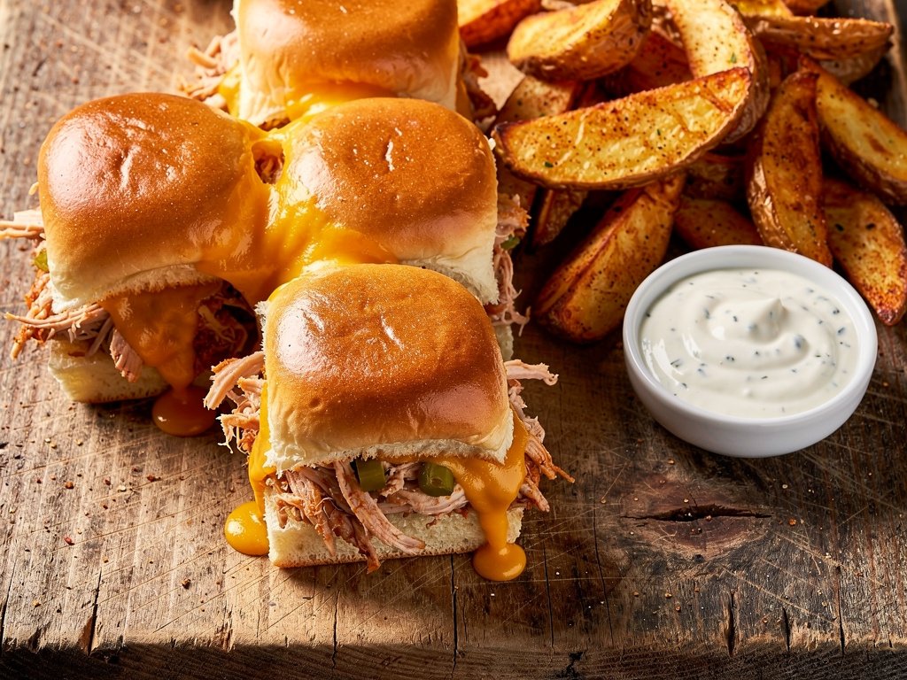 Cheesy BBQ Turkey Sliders with Pickle and Potato Wedges