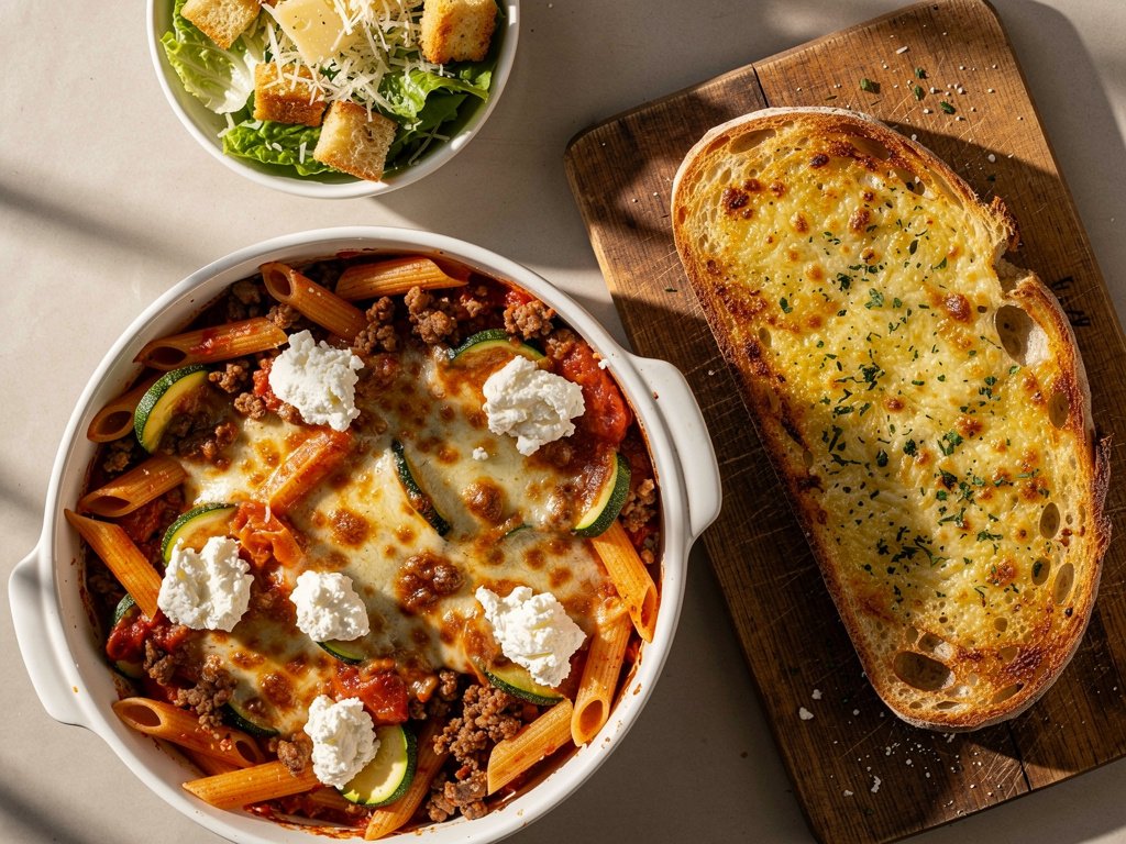 Cheesy Beef and Zucchini Pasta Bake with Garlic Bread and Caesar Salad