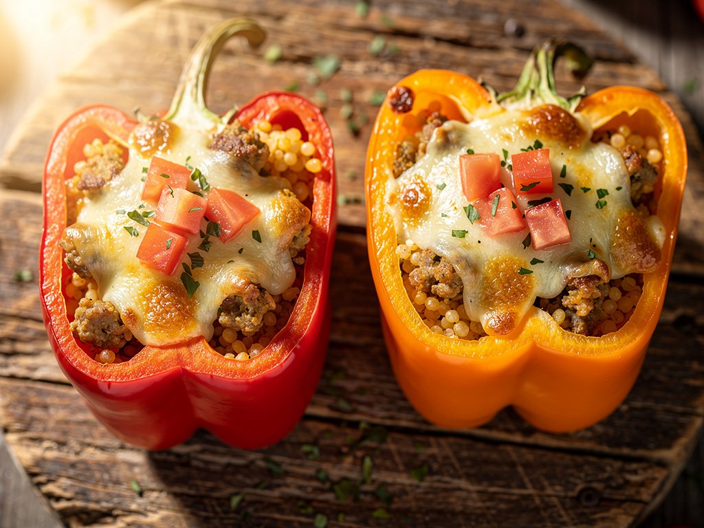 Cheesy Chicken Sausage Stuffed Peppers with Israeli Couscous