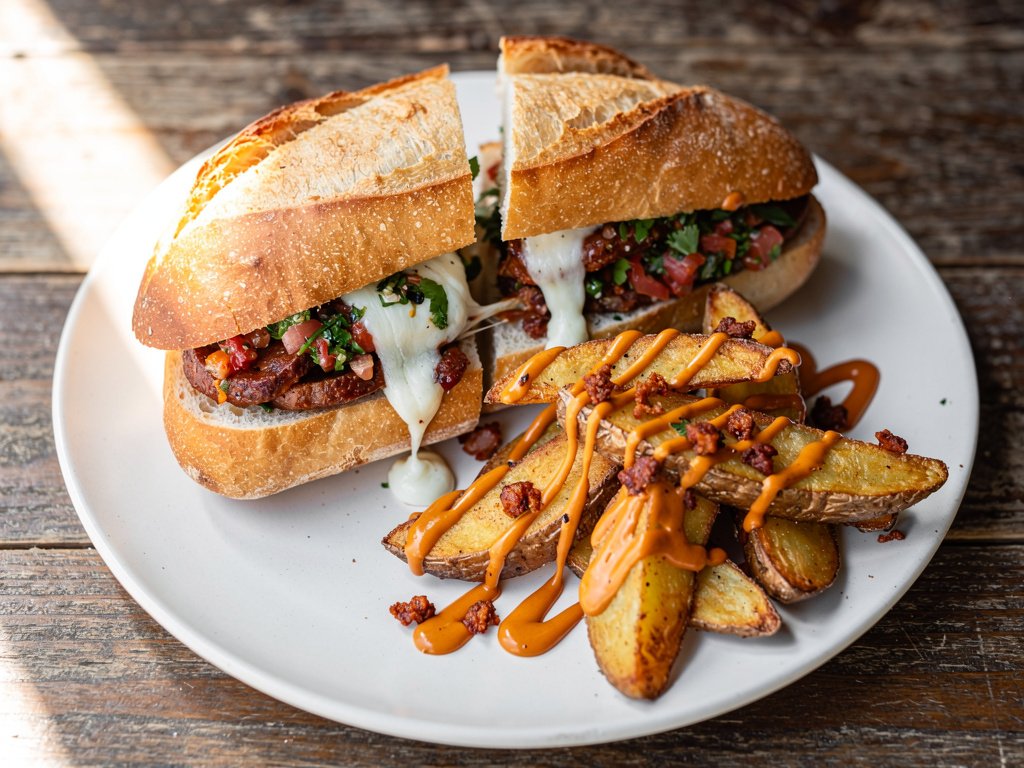 Cheesy Chorizo Chimichurri Sandwich with Chipotle Potato Wedges
