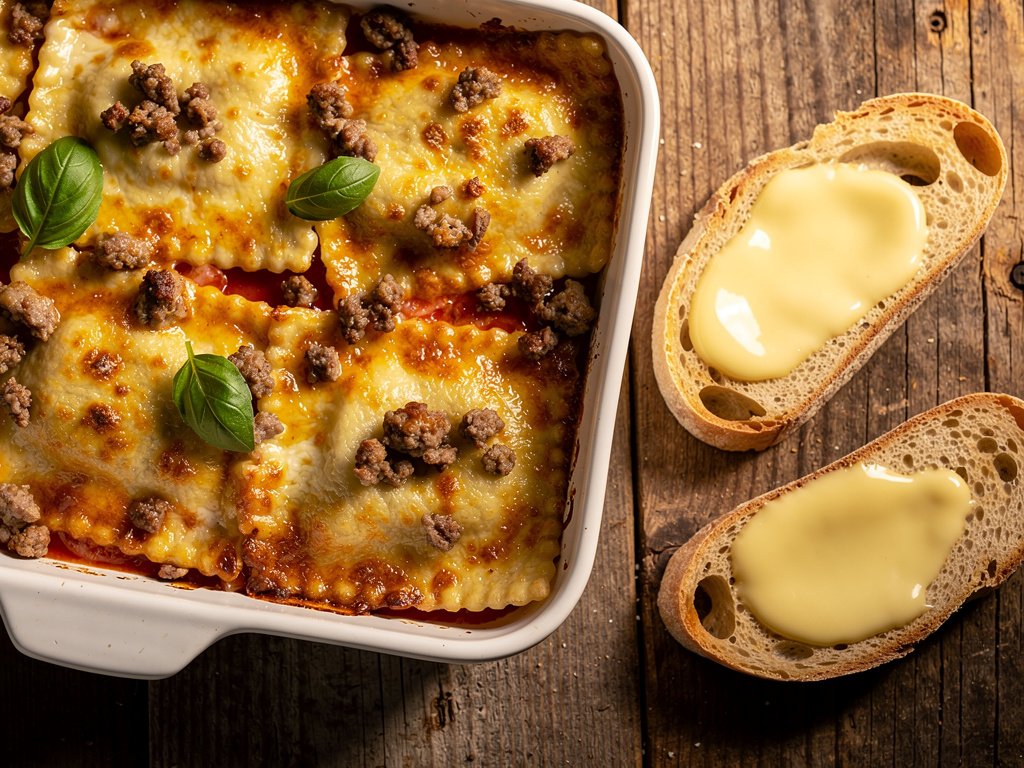 Cheesy Sausage Ravioli Bake with Ciabatta Toast