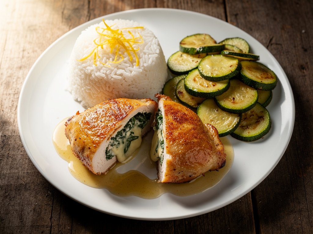 Cheesy Spinach Stuffed Chicken with Lemony Rice and Garlic Zucchini