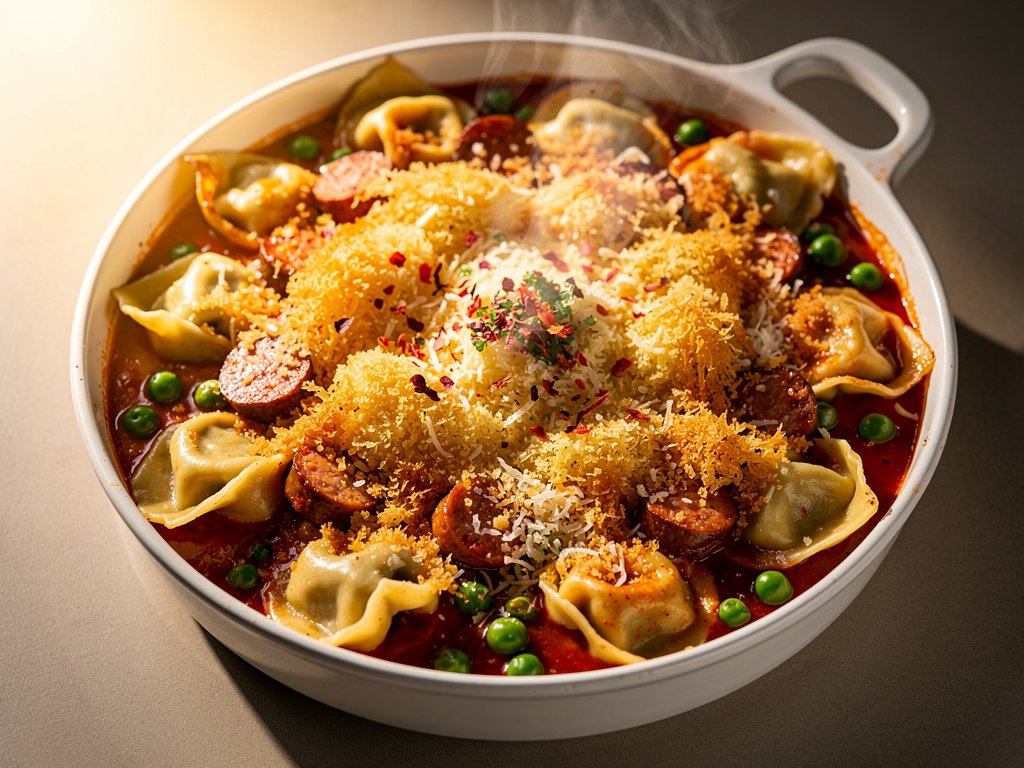 Cheesy Tortelloni Bake with Chicken Sausage and Crispy Panko Topping