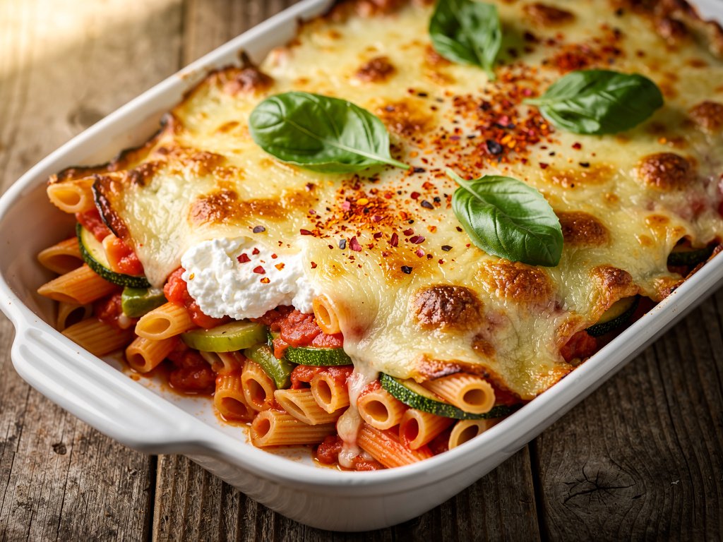 Cheesy Zucchini Penne Bake with Herbed Ricotta and Marinara