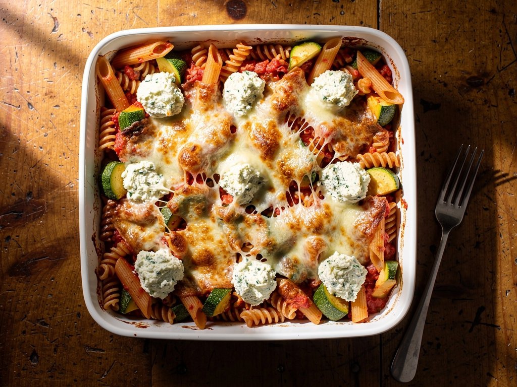 Cheesy Zucchini and Tomato Pasta Bake with Herbed Ricotta