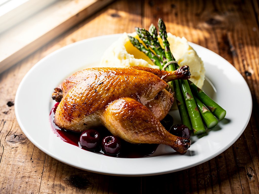 Cherry-Glazed Roast Half Chicken with Creamy Mashed Potatoes and Asparagus