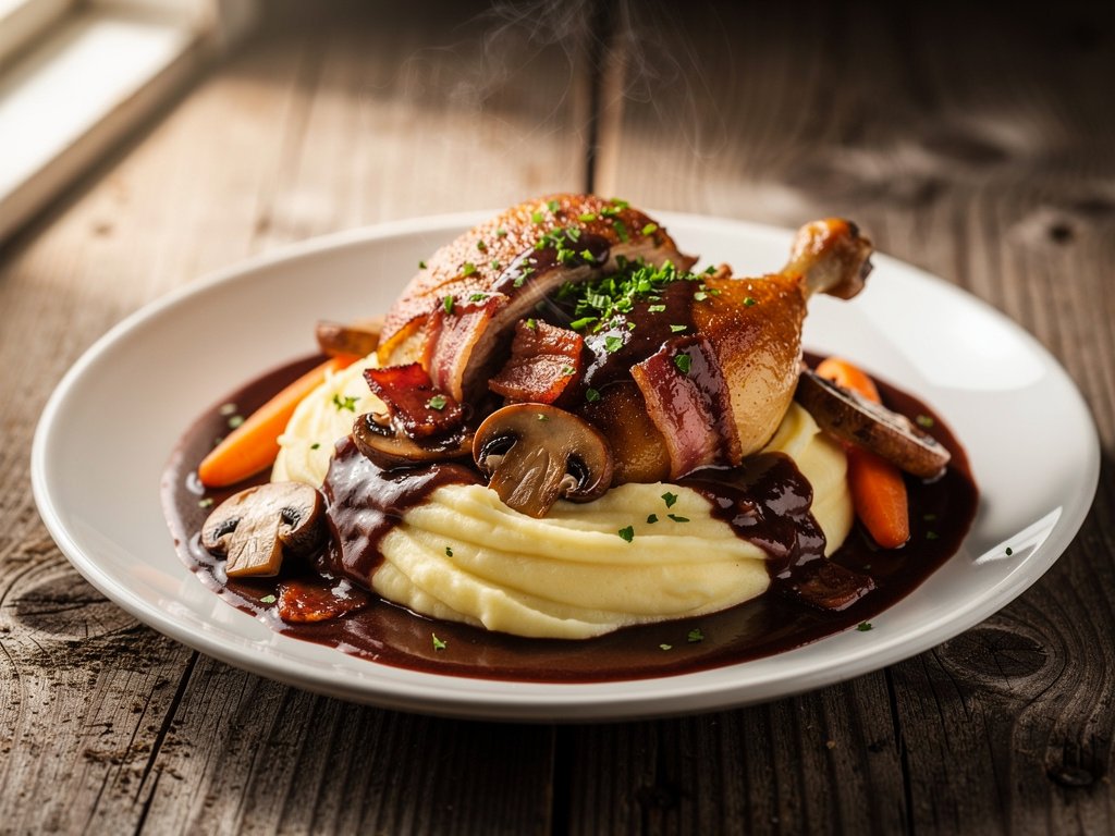 Cozy Chicken and Bacon Bourguignon with Herbes de Provence and Creamy Mashed Potatoes