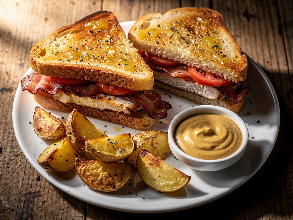 Crispy Chicken and Bacon Garlic Bread Sandwiches with Roasted Potato Wedges