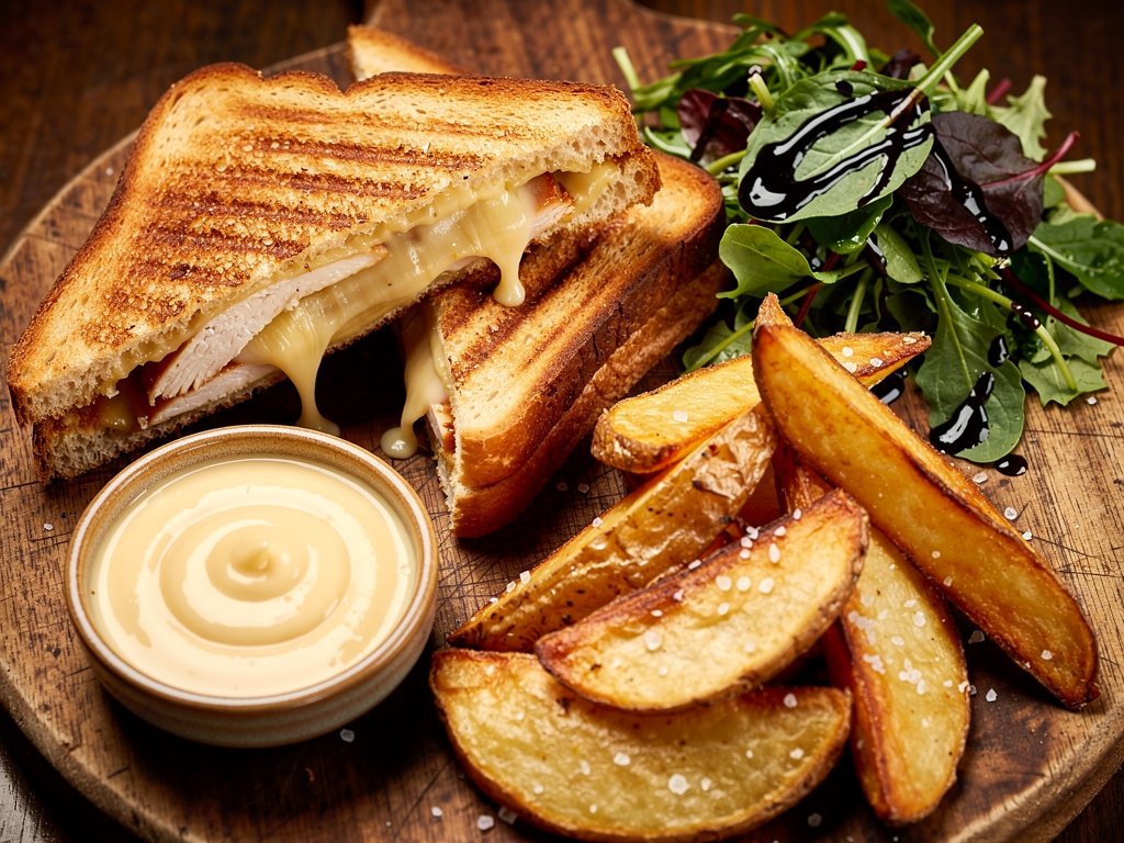 Crispy Chicken Caprese Panini with Smoked Gouda Fondue and Balsamic Greens