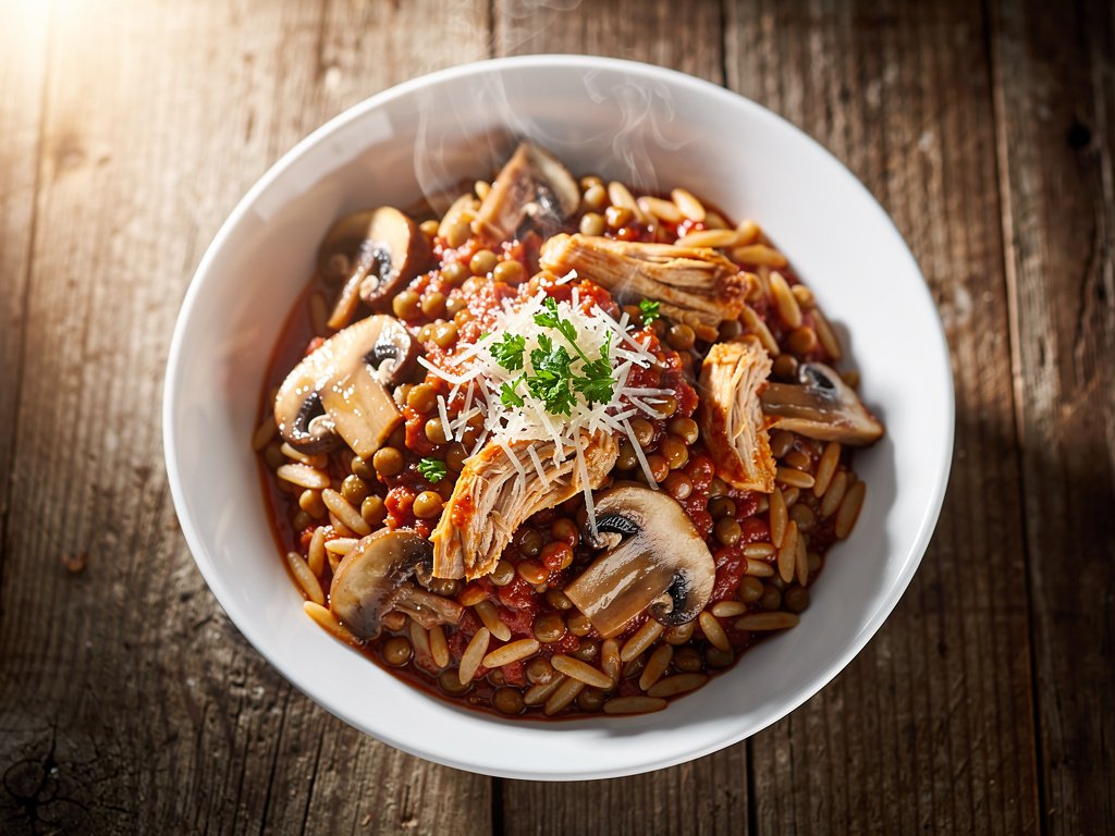 Hearty Chicken, Mushroom & Lentil Ragù with Orzo