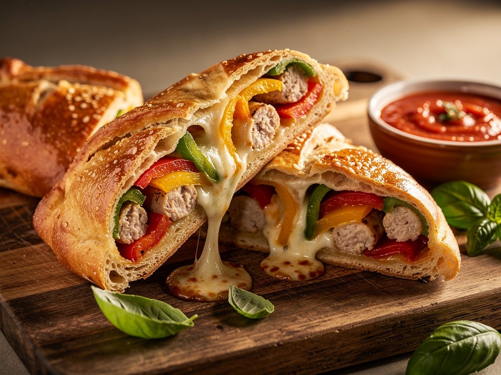 Stuffed Chicken Sausage and Pepper Stromboli with Mozzarella